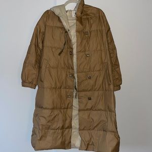Maxi Tan Down Coat with Hood
